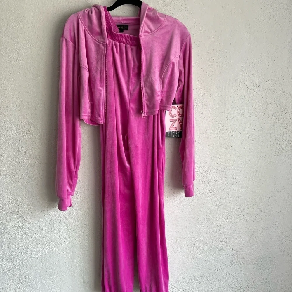 Vivre La Vie Velvet Pink Y2K Jogger and Crop Hooded Sweatshirt Set, Size L